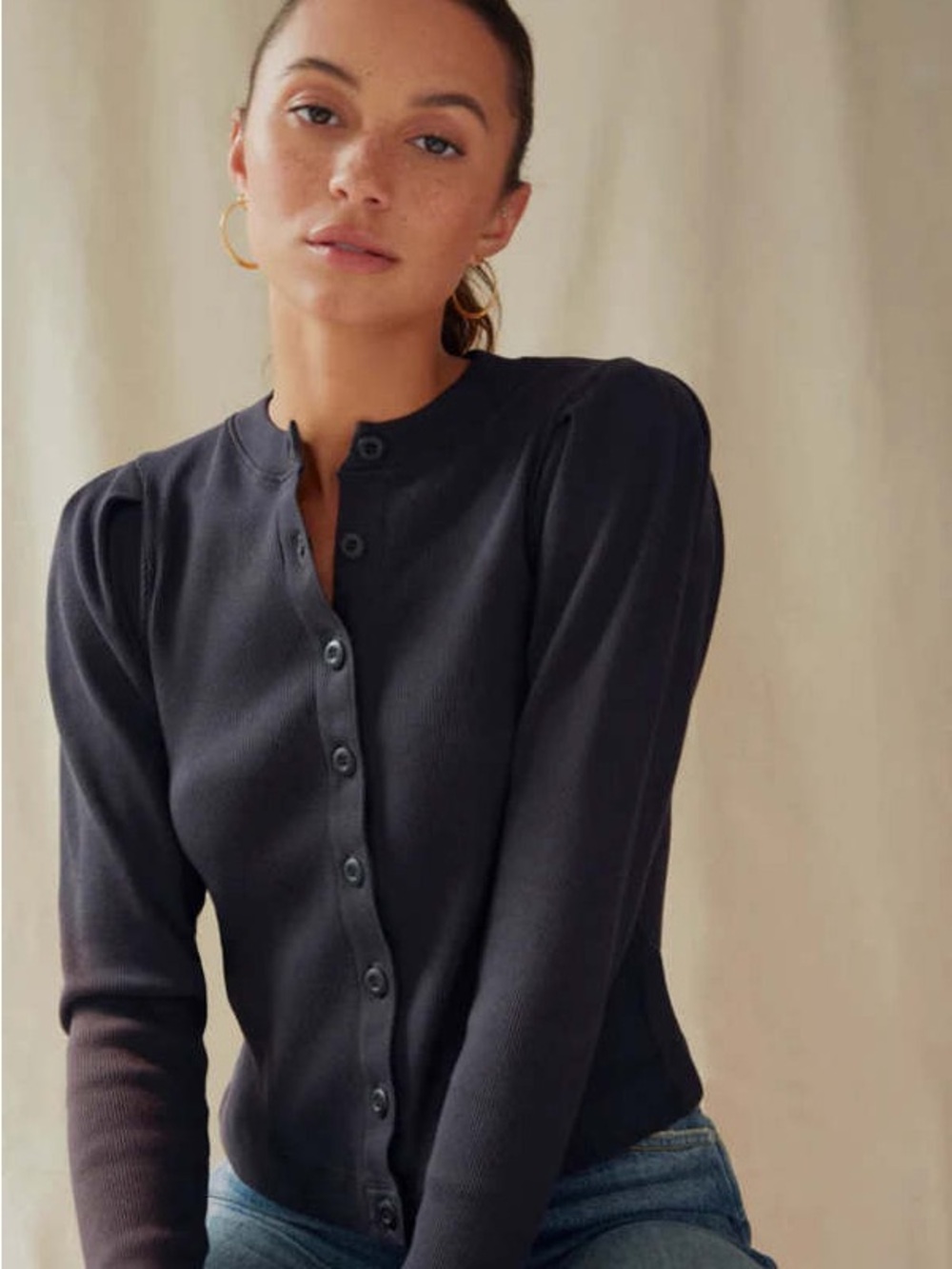AMO Puff Sleeve Ribbed Henley Cardigan Black | Women’s Size M